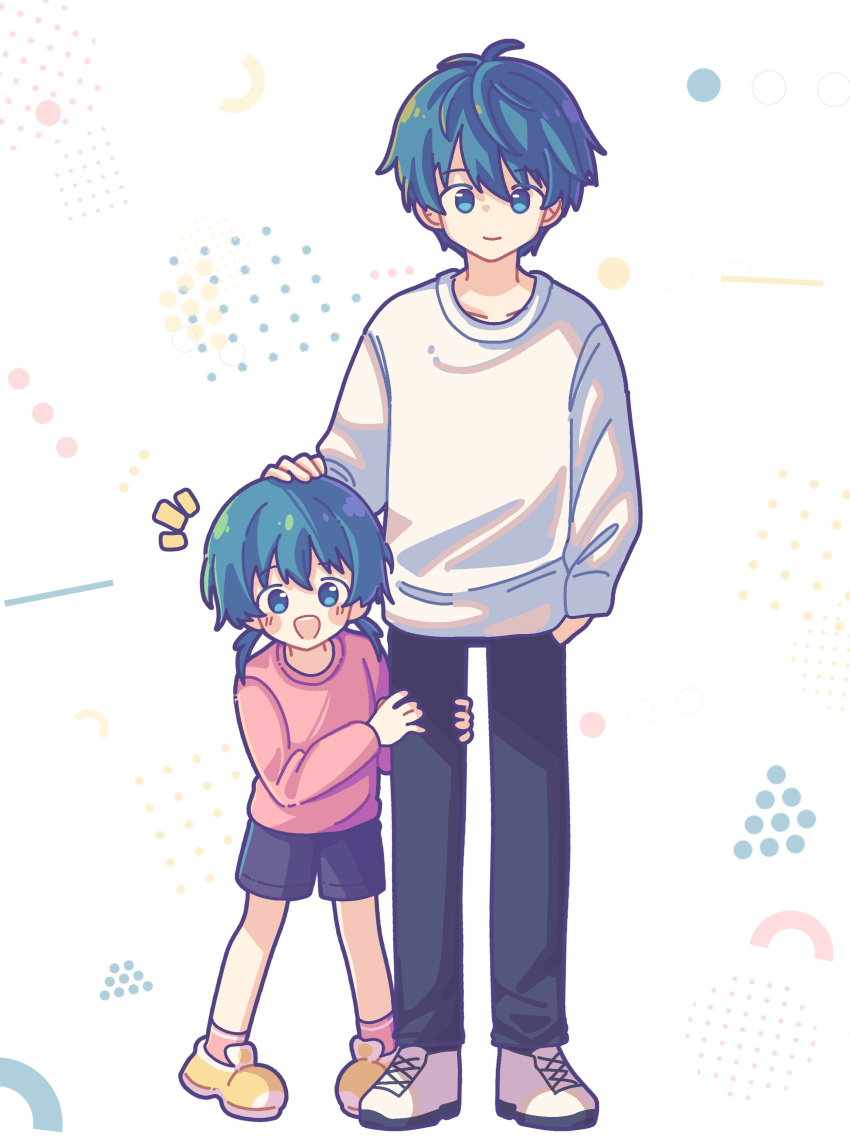 1boy, 1girl, :d, absurdres, antenna_hair, black_pants, black_shorts, blue_eyes