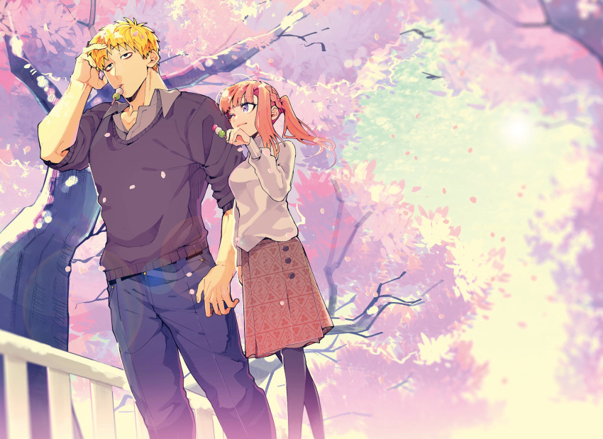 1boy, 1girl, ;), alternate_costume, black_eyes, black_pantyhose, black_sweater, blonde_hair