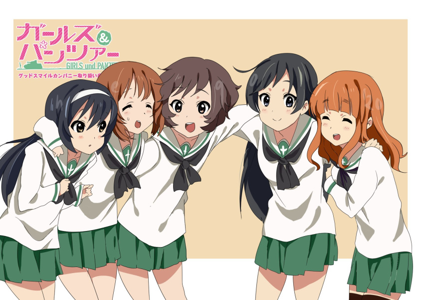 5girls, :d, ahoge, akiyama_yukari, black_hair, black_neckerchief, crossed_bangs, dark_skin, girls_und_panzer, green_skirt, happy, headband, highres, isuzu_hana, k-on!, kyoto_animation, light_blush, long_hair, medium_hair, messy_hair, multiple_girls, neckerchief, neqo_(neneneqo), nishizumi_miho, ooarai_school_uniform, orange_hair, parody, pleated_skirt, school_uniform, serafuku, short_hair, simple_background, skirt, smile, square, style_parody, sweatdrop, takebe_saori, thick_eyebrows