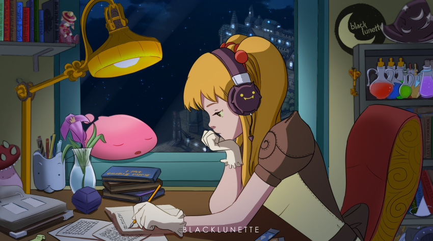 1girl, apron, black_lunette, blonde_hair, book, bookshelf, box, brown_dress, brown_headwear, chair, character_doll, closed_mouth, curly_sue, desk, desk_lamp, deviruchi, dress, expressionless, flask, flower, frilled_apron, frills, gloves, hair_bobbles, hair_ornament, hat, hat_removed, head_rest, headphones, headwear_removed, highres, holding, holding_pen, indoors, kafra_uniform, lamp, leaning_forward, lofi_girl_(youtube), long_hair, looking_down, maid, munak, night, pen, poring, potion, puffy_short_sleeves, puffy_sleeves, purple_flower, ragnarok_online, short_bangs, short_sleeves, sky, slime_(creature), spore_(ragnarok_online), star_(sky), starry_sky, twintails, upper_body, vase, white_gloves, witch_hat, writing