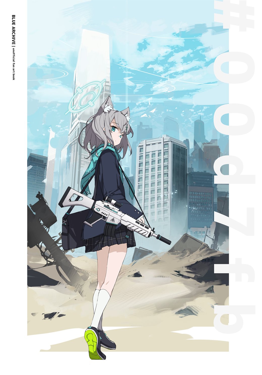 1girl, animal_ear_fluff, animal_ears, aqua_scarf, bag, black_jacket, blue_archive, blue_eyes