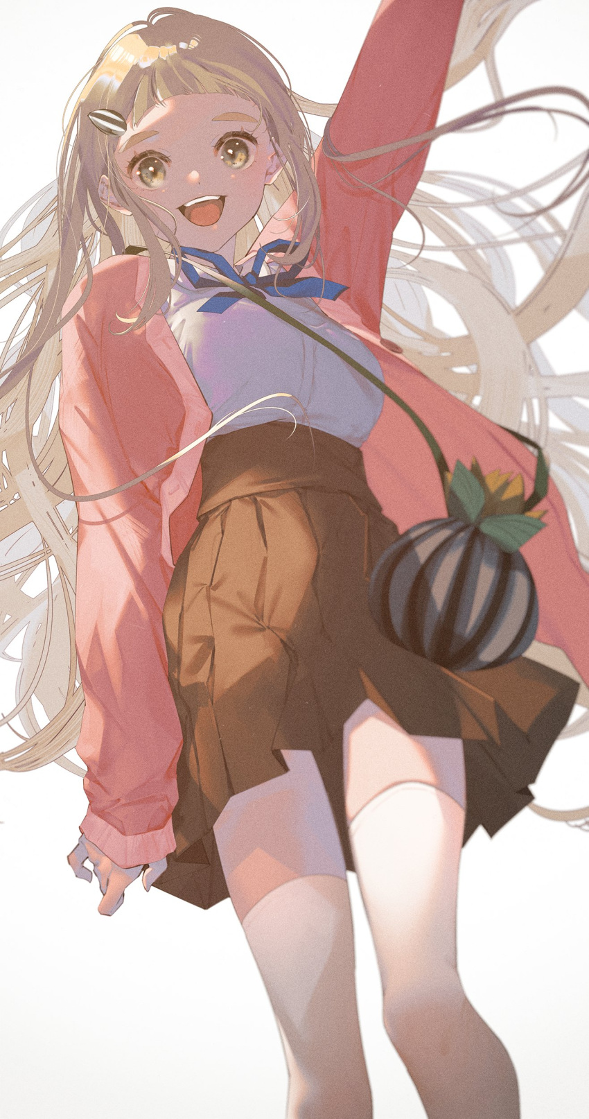 absurdres, arm_up, bag, blonde_hair, blue_bow, blue_necktie, blue_ribbon, blush