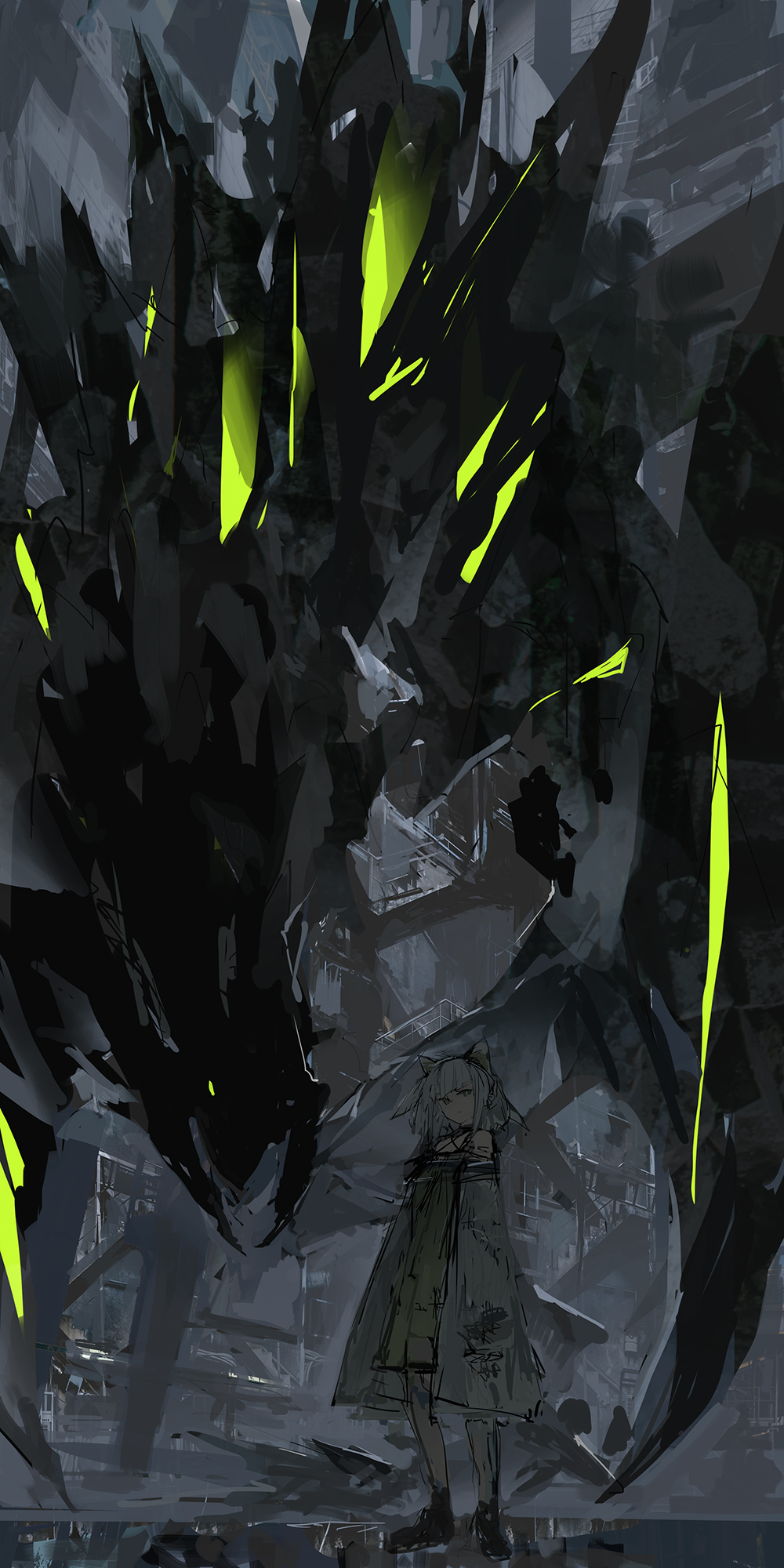 1girl, animal_ears, arknights, bare_shoulders, black_footwear, closed_mouth, coat, dress