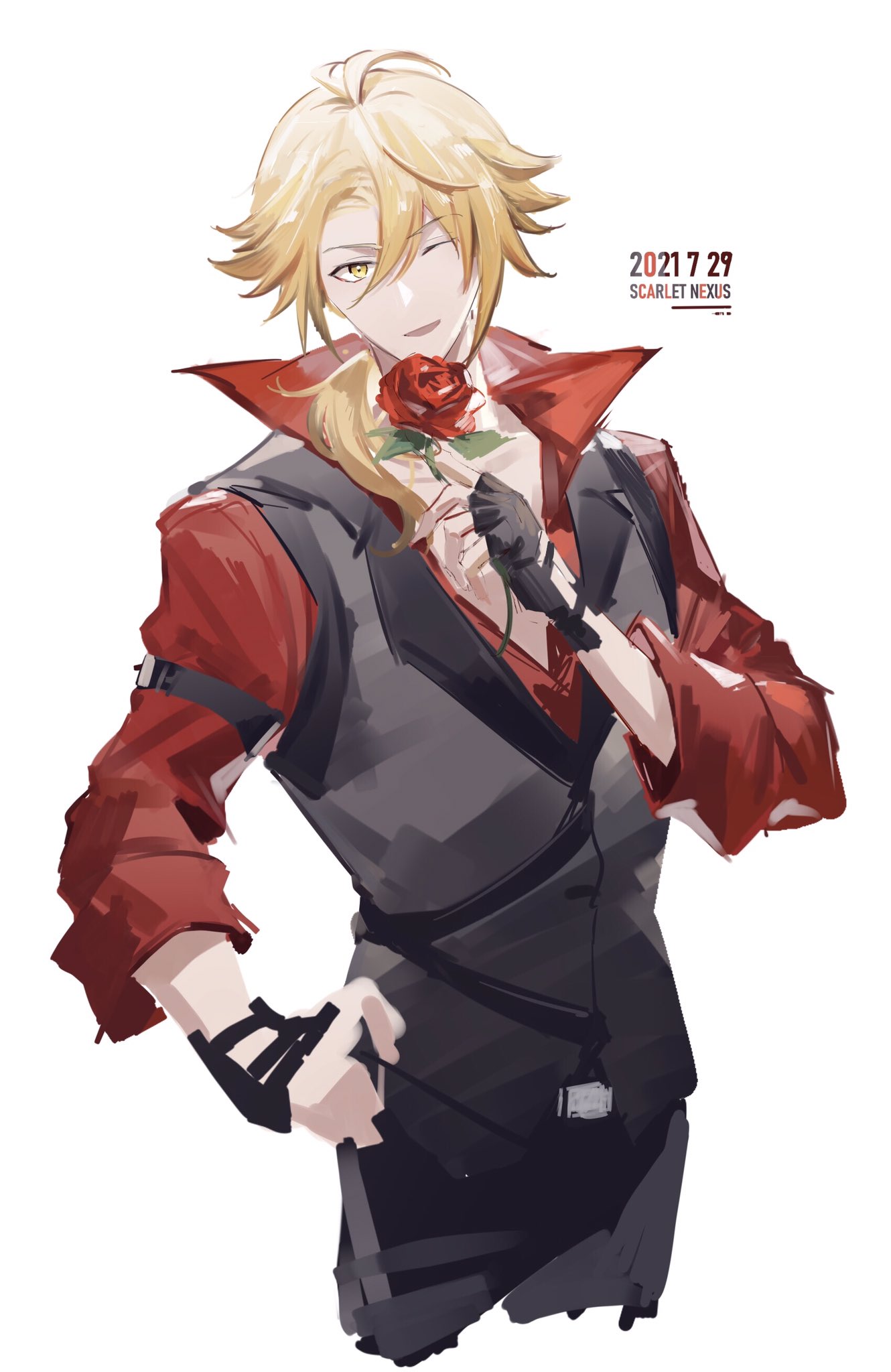 1boy, ;d, antenna_hair, black_gloves, black_pants, black_vest, blonde_hair, copyright_name, cropped_legs, dated, fingerless_gloves, flower, gloves, hair_between_eyes, hair_over_shoulder, hand_on_own_hip, highres, holding, holding_flower, kagero_donne, loladestiny, long_hair, long_sleeves, looking_at_viewer, low_ponytail, male_focus, one_eye_closed, pants, parted_lips, partially_unbuttoned, popped_collar, red_flower, red_rose, red_shirt, rose, scarlet_nexus, shirt, simple_background, sketch, sleeve_garter, sleeves_rolled_up, smile, solo, vest, white_background, yellow_eyes