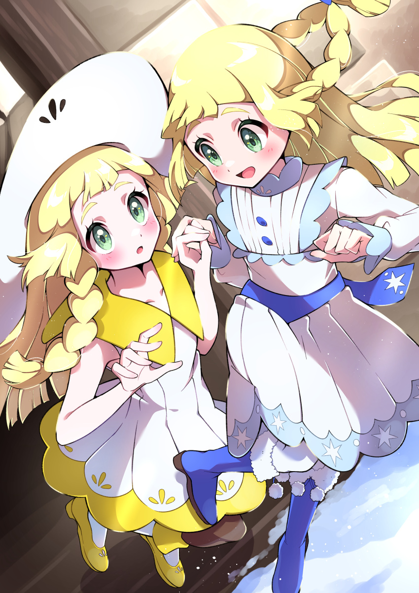 2girls, :o, absurdres, bare_arms, blonde_hair, blue_footwear, blush, boots