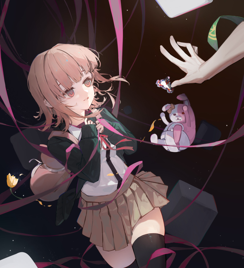 1girl, absurdres, backpack, bag, black_jacket, black_shirt, black_thighhighs, brown_background