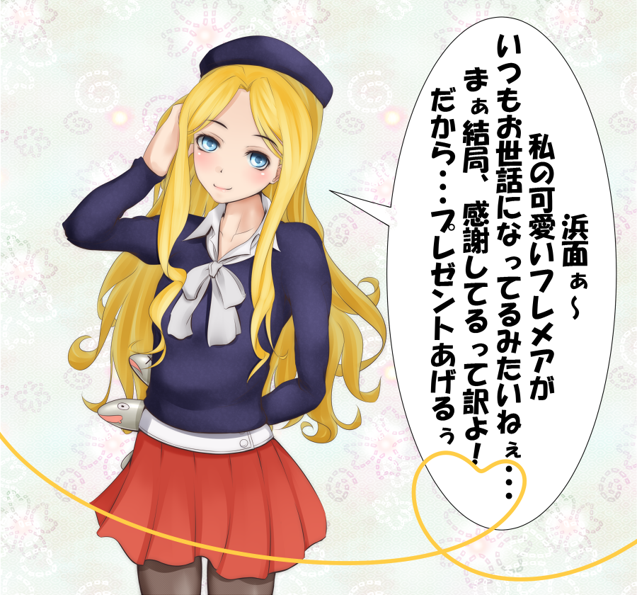1girl, alternate_eyebrows, arm_behind_back, beret, black_headwear, black_shirt, blonde_hair, blue_eyes