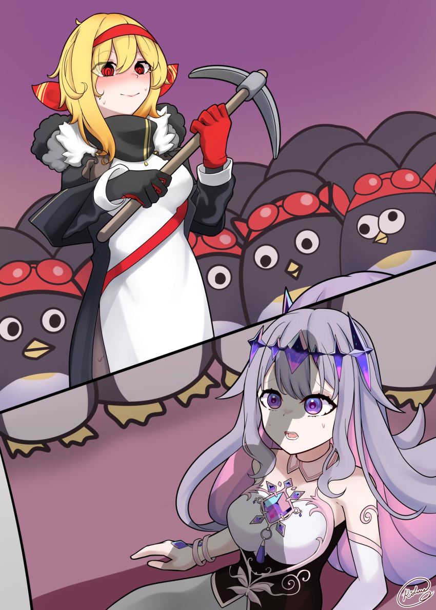 1girl, bare_shoulders, black_gloves, blonde_hair, blush, breasts, collar, crown