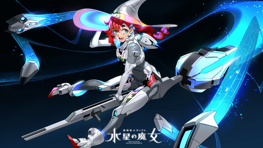 1girl, athungkaew, broom, broom_riding, copyright_name, cosplay, green_eyes, gundam