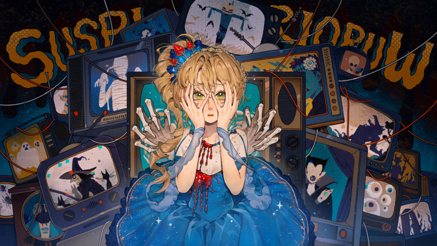 1girl, absurdres, alien, blonde_hair, blue_dress, blue_headwear, braid, cable, crown_braid, dark_background, demon, diadem, dress, drill_hair, english_text, eyeball, facing_viewer, frankenstein's_monster, frown, gem, ghost, green_eyes, hands_on_own_cheeks, hands_on_own_face, hands_up, highres, juanmao, long_hair, mummy, official_alternate_costume, old_television, parted_lips, red_gemstone, reverse:1999, scarecrow, scared, see-through_cleavage, short_sleeves, side_drill, skeletal_hand, solo, sotheby, television, through_screen, tilted_headwear, upper_body, upturned_eyes, vampire, werewolf, witch