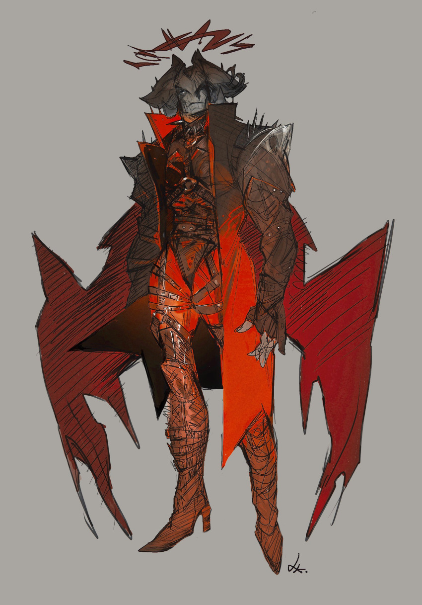 1boy, aatrox, boots, closed_mouth, full_body, grey_background, high_heel_boots, high_heels, highres, league_of_legends, looking_at_viewer, male_focus, pants, red_wings, signature, solo, standing, wings, xkov_(cerberuskeeper)