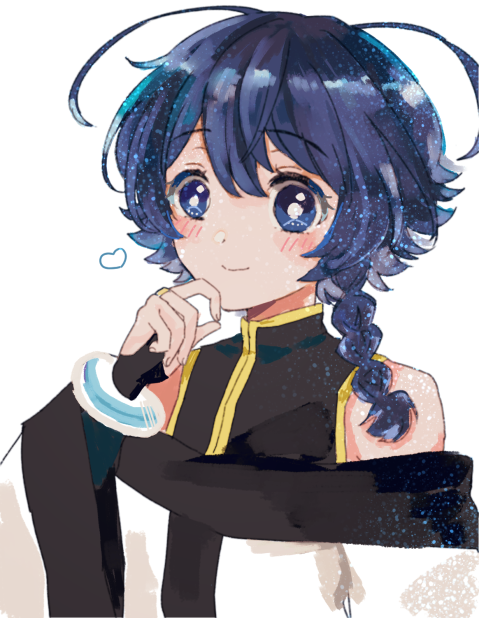 1boy, bare_shoulders, black_hair, blue_eyes, blush, bracelet, braid, bridal_gauntlets, closed_mouth, hand_up, heart, jewelry, long_sleeves, medium_hair, meng_long, otoko_no_ko, shy_(series), single_braid, solo, upper_body, wami0303, white_background, wide_sleeves