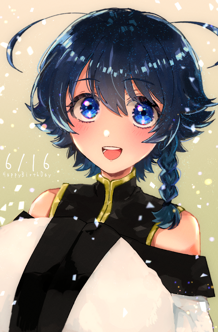 1boy, :d, bare_shoulders, blue_eyes, braid, dated, happy_birthday, highres