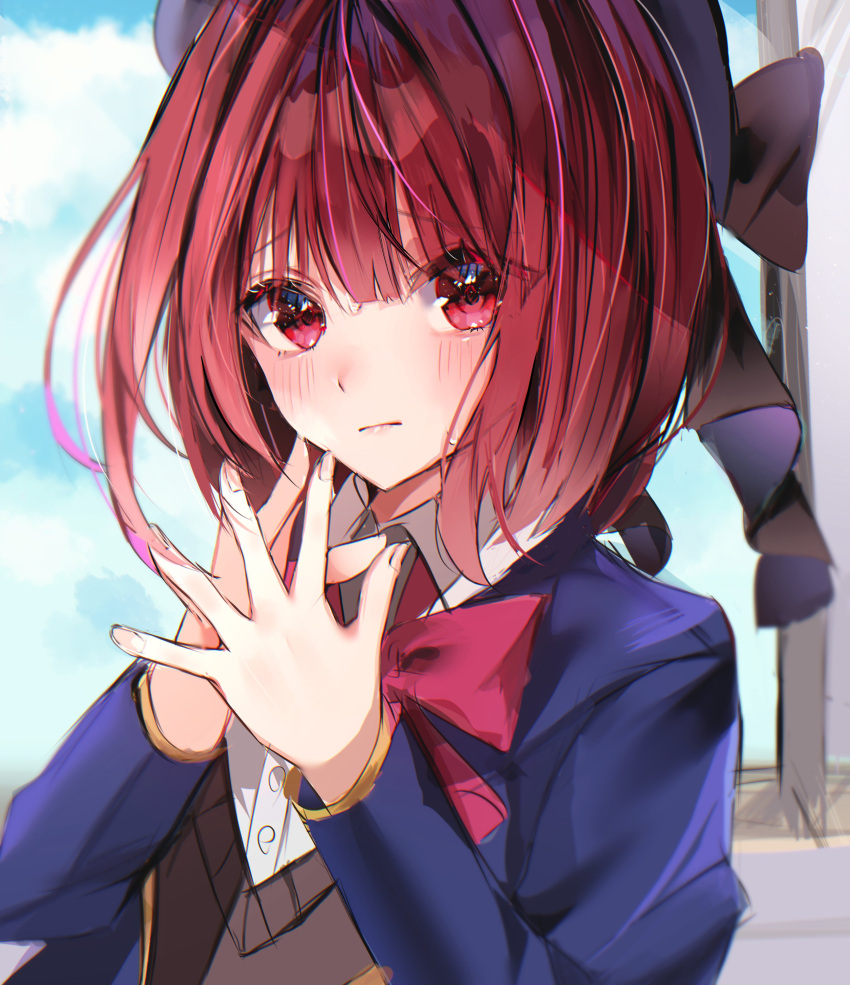 1girl, absurdres, arima_kana, blue_headwear, blue_jacket, bob_cut, closed_mouth, clouds