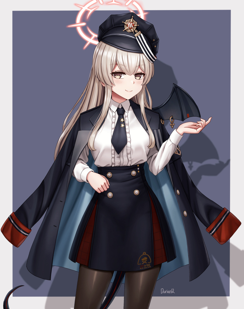 1girl, absurdres, black_coat, black_necktie, black_pantyhose, black_skirt, blue_archive, buttons