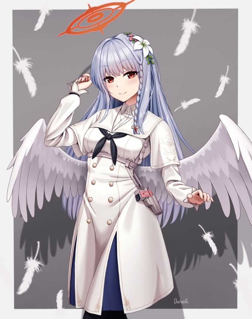 1girl, absurdres, alternate_species, angel_wings, blue_archive, braid, buttons, color_connection