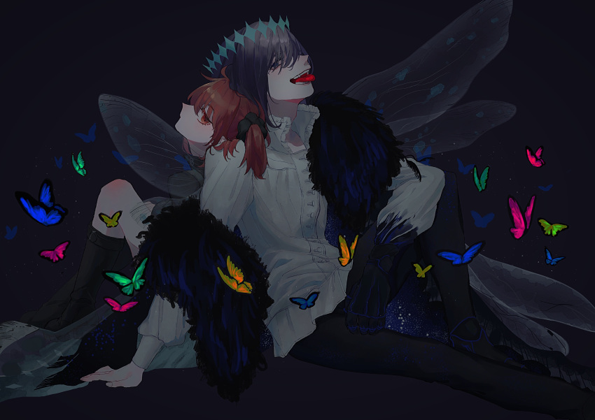 1boy, 1girl, absurdres, blue_eyes, bug, butterfly, ca_(ca_gemini), coat