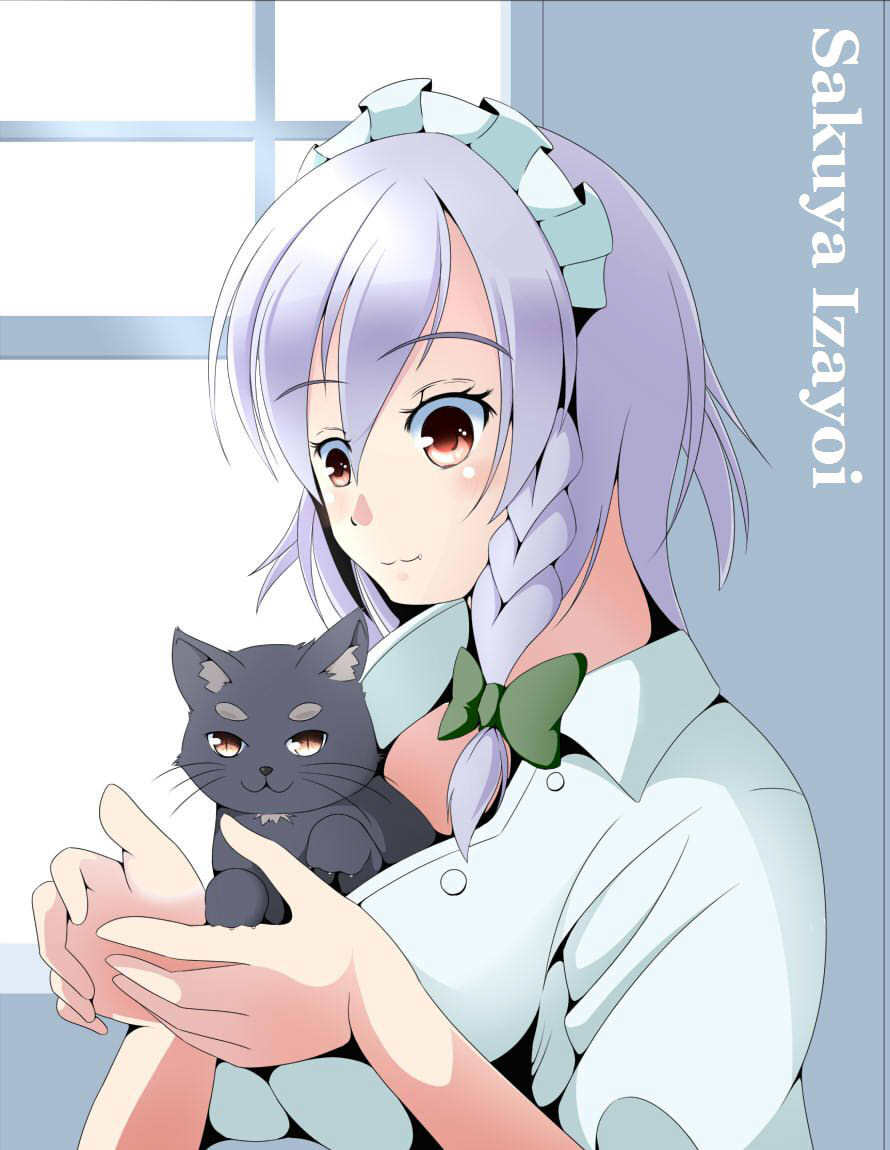 braid, cat, izayoi_sakuya, maid, red_eyes, short_hair, silver_hair, touhou, twin_braids, whitecloudinside