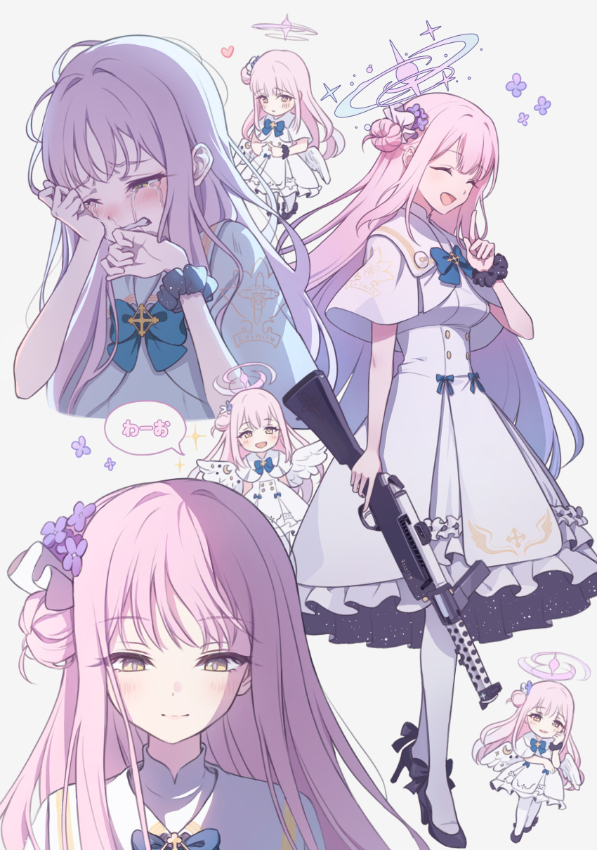 1girl, absurdres, blue_archive, bow, chibi, clenched_teeth, closed_eyes, closed_mouth