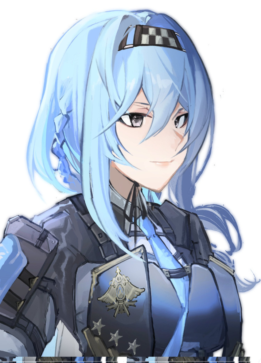 1girl, black_jacket, blue_hair, blue_necktie, braid, checkered_hairband, closed_mouth, collared_shirt, commentary_request, dp-12_(girls'_frontline), girls_frontline, grey_eyes, hair_between_eyes, highres, jacket, long_hair, luoyuyaoouruola, necktie, shirt, simple_background, smile, solo, star_(symbol), upper_body, white_background, white_shirt