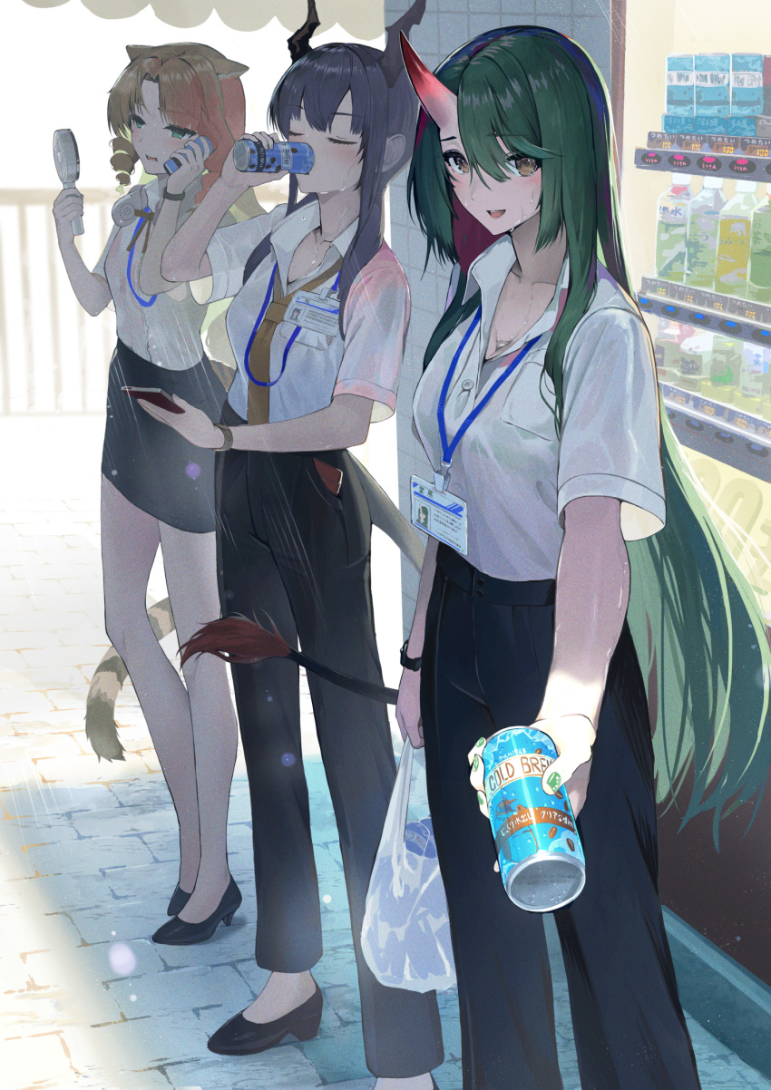 3girls, animal_ears, arknights, bag, black_bra, blonde_hair, blue_eyes, blue_hair