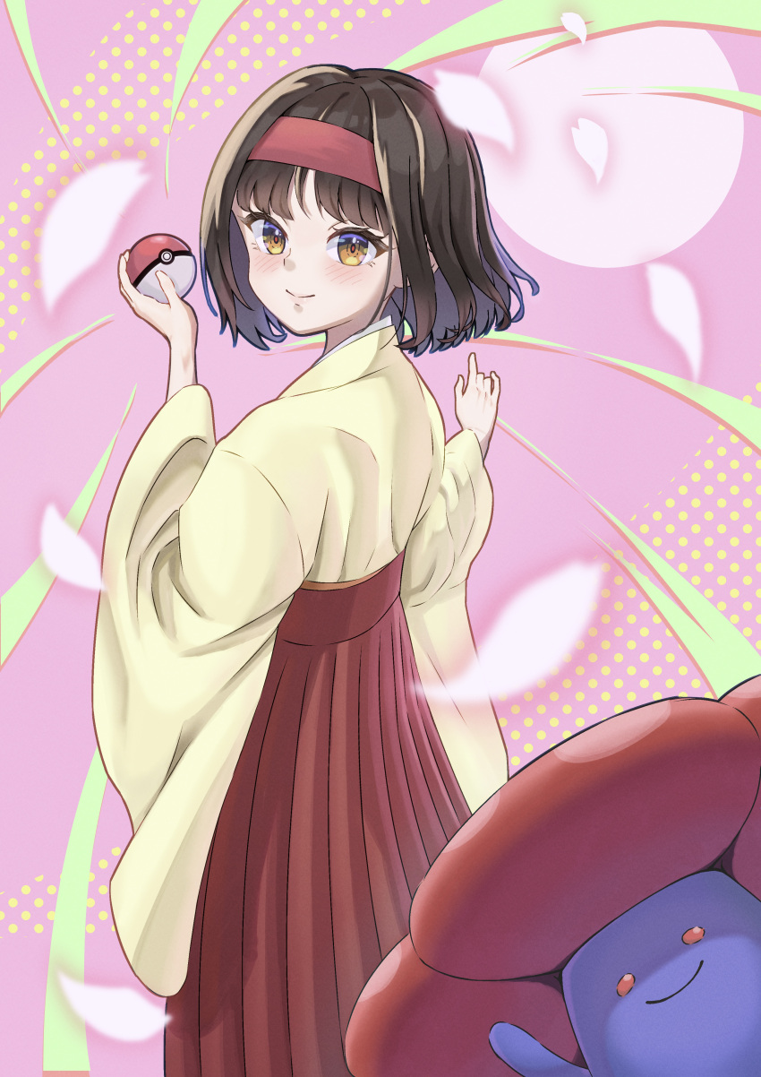 1girl, absurdres, blush, brown_eyes, brown_hair, closed_mouth, commentary_request, erika_(pokemon), eyelashes, hairband, hakama, hakama_skirt, highres, holding, holding_poke_ball, japanese_clothes, kenchamanpoi, kimono, looking_to_the_side, pink_background, poke_ball, poke_ball_(basic), pokemon, pokemon_(creature), pokemon_(game), pokemon_frlg, red_hairband, red_hakama, skirt, smile, vileplume, wide_sleeves, yellow_kimono