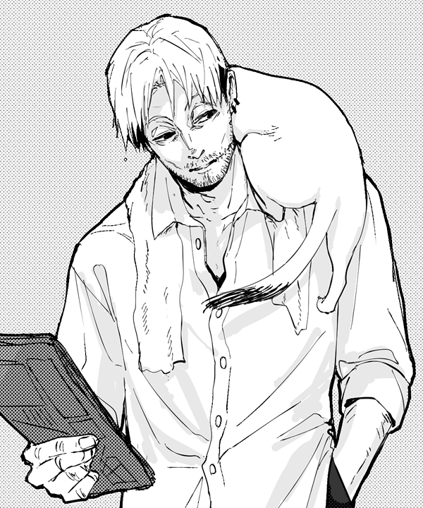 1boy, animal_on_shoulder, cat, cat_on_shoulder, chainsaw_man, collared_shirt, curtained_hair, facial_hair