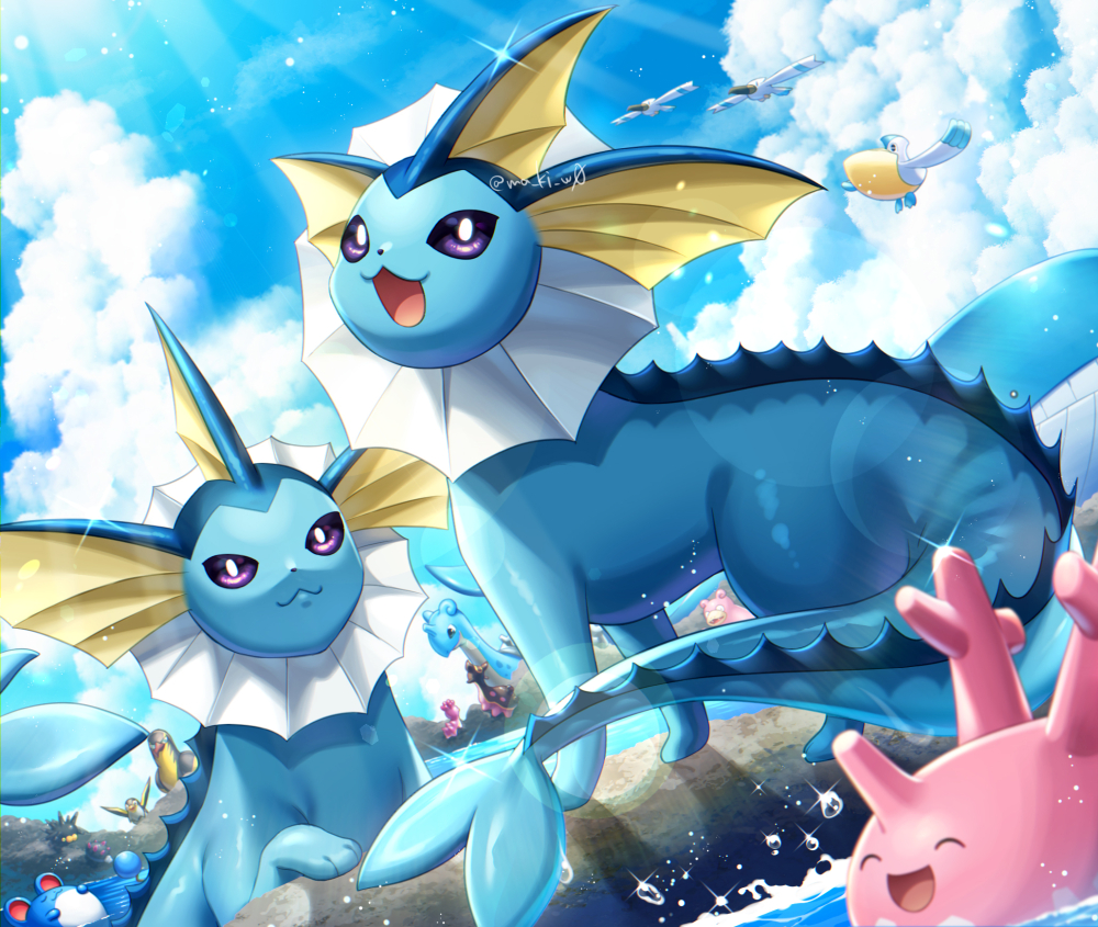 :3, :d, bright_pupils, clouds, commentary_request, corsola, day, gastrodon, kamuinii, kilowattrel, lapras, light_rays, marill, no_humans, open_mouth, outdoors, pelipper, pincurchin, pokemon, pokemon_(creature), shellos, sky, smile, sparkle, tongue, vaporeon, violet_eyes, water, water_drop, wattrel, white_pupils, wingull