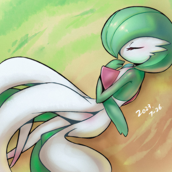 1girl, blush, bob_cut, closed_eyes, colored_skin, commentary, dated, day, dutch_angle, english_commentary, flat_chest, from_above, from_side, full_body, gardevoir, grass, green_hair, green_skin, hair_over_one_eye, hand_up, light_blush, lying, multicolored_skin, on_ground, on_side, one_eye_covered, outdoors, pmmiaomiao, pokemon, pokemon_(creature), profile, short_hair, sleeping, solo, two-tone_skin, u_u, white_skin