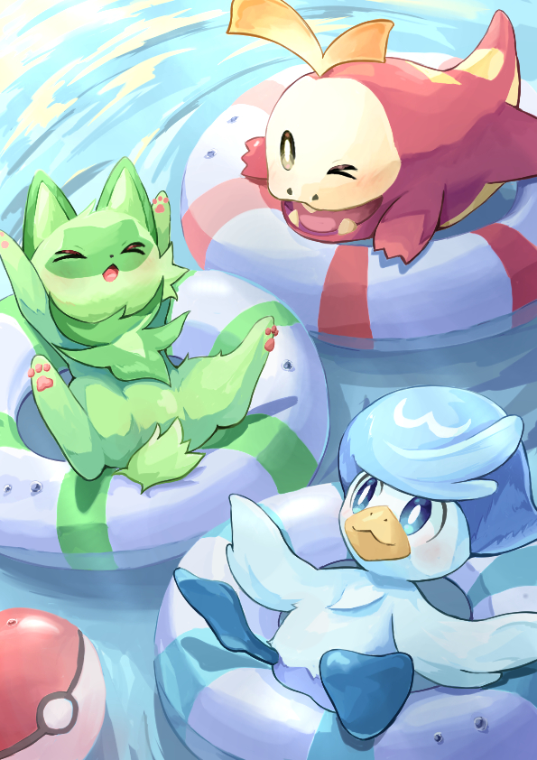 >_<, >_o, :3, afloat, aqua_eyes, bright_pupils, closed_mouth, commentary_request, fangs, fuecoco, illustrattyako, innertube, no_humans, one_eye_closed, open_mouth, pokemon, pokemon_(creature), quaxly, smile, sprigatito, starter_pokemon_trio, water, white_pupils