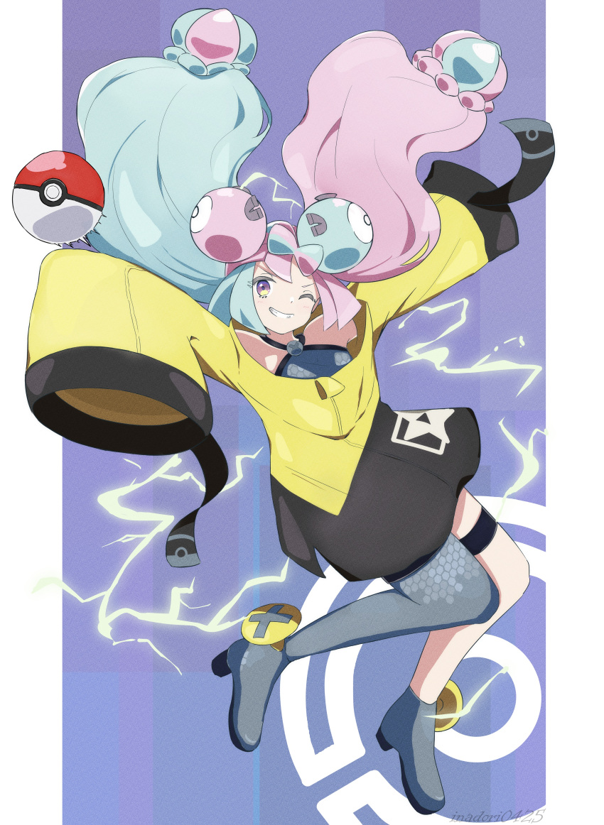 1girl, absurdres, boots, bow-shaped_hair, character_hair_ornament, commentary_request, electricity, floating_hair, full_body, green_hair, grey_footwear, grin, hair_ornament, highres, inadori, iono_(pokemon), jacket, looking_at_viewer, multicolored_hair, one_eye_closed, pink_hair, poke_ball, poke_ball_(basic), pokemon, pokemon_(game), pokemon_sv, single_leg_pantyhose, sleeves_past_fingers, sleeves_past_wrists, smile, solo, star_(symbol), star_print, teeth, thigh_strap, twintails, two-tone_hair, violet_eyes, yellow_jacket