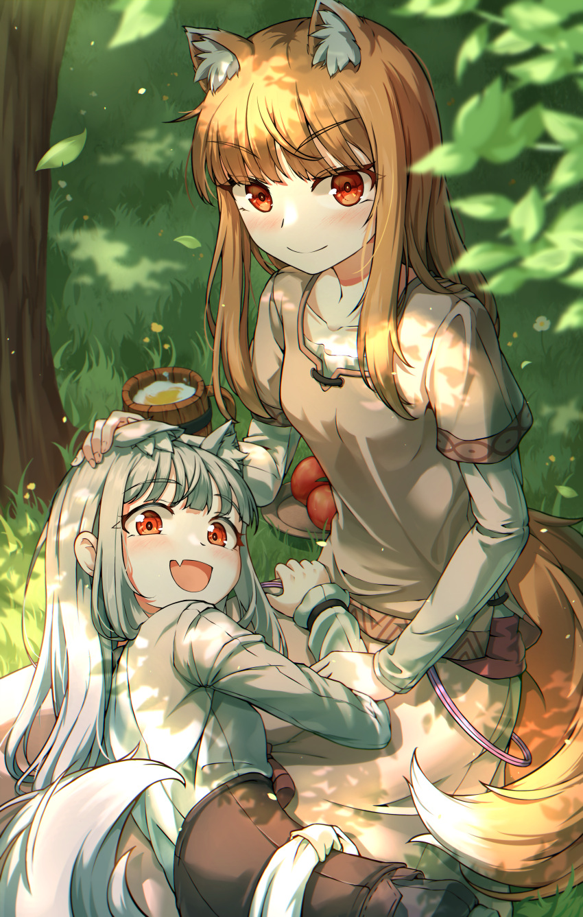 2girls, absurdres, animal_ears, fang, forest, highres, holo, lap_pillow