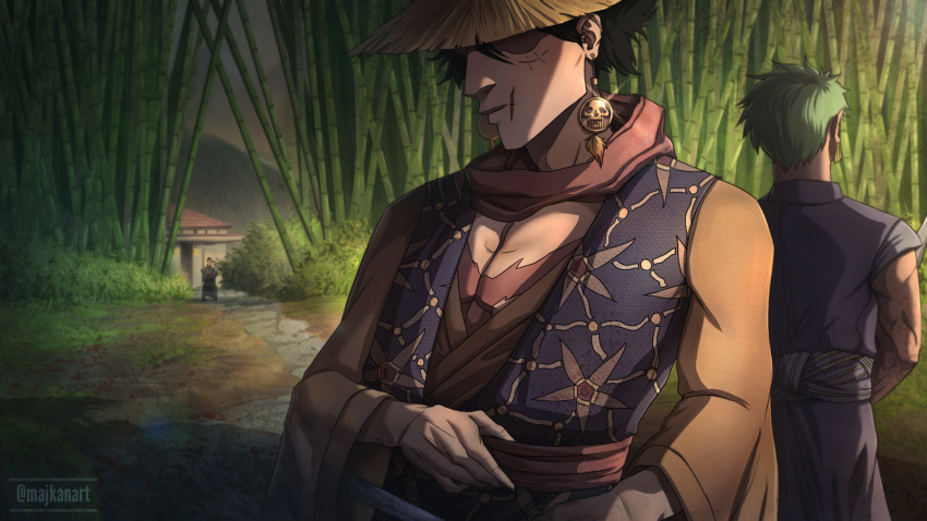3boys, artist_name, back-to-back, black_hair, closed_mouth, earrings, faceless, green_hair, hat, hat_over_eyes, highres, japanese_clothes, jewelry, majkan, monkey_d._luffy, multiple_boys, one_piece, outdoors, roronoa_zoro, scar, scar_on_chest, scar_on_face, short_hair, single_earring, straw_hat, traditional_clothes