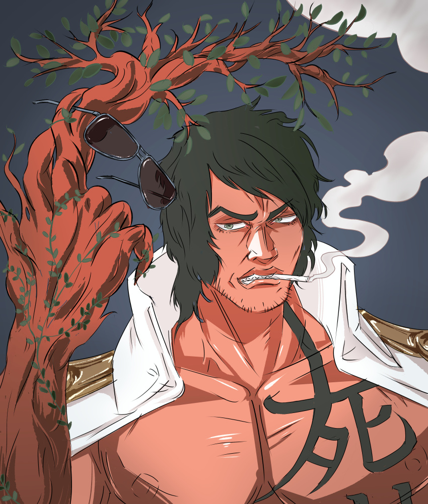 1boy, absurdres, aramaki_(ryokugyu), black_hair, cigarette, coat, coat_on_shoulders, epaulettes, eyewear_removed, facial_hair, highres, holding, holding_removed_eyewear, male_focus, mtu101010, one_piece, open_clothes, short_hair, smoke, smoking, solo, sunglasses, tattoo, teeth