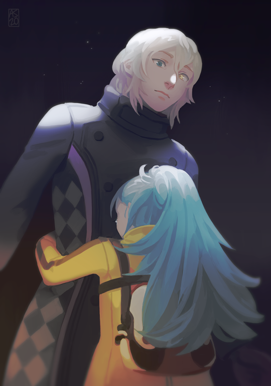 1boy, 1girl, ai_the_somnium_files, backpack, bag, black_background, black_jacket, blue_eyes