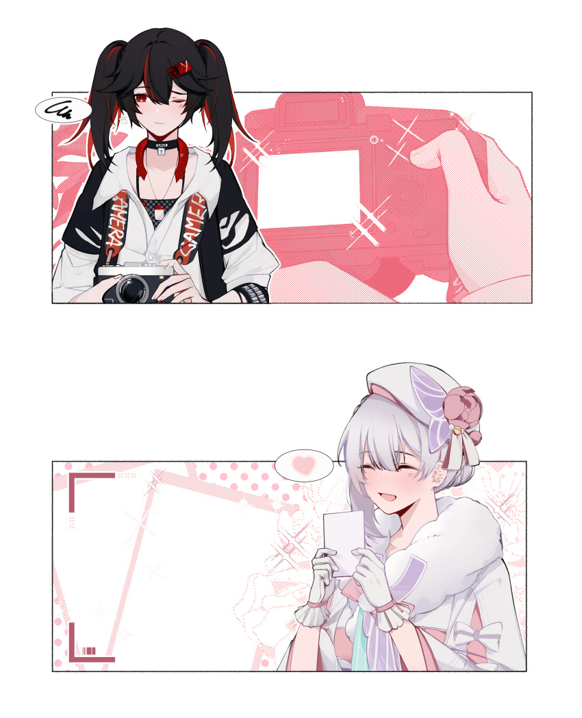 absurdres, asymmetrical_hair, black_choker, black_hair, black_jacket, camera, camera_around_neck, character_request