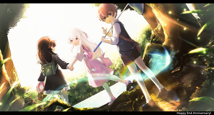 1boy, 2girls, absurdres, aged_down, animal_print, anniversary, backpack, bag