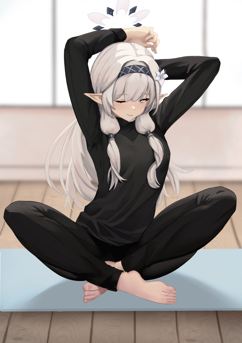 1girl, ;), absurdres, alternate_costume, arms_up, barefoot, black_pants, black_shirt