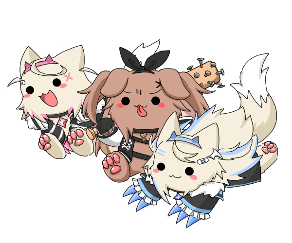 3girls, :3, :d, animal_ears, animalization, baseball_bat, black_jacket, blonde_hair, blue_hair, blue_jacket, brown_hair, cropped_jacket, dog, dog_ears, dog_tail, fur-trimmed_jacket, fur_trim, fuwawa_abyssgard, hair_ornament, hairpin, hololive, hololive_english, inugami_korone, inugami_korone_(6th_costume), inugami_korone_(dog), jacket, long_hair, looking_at_viewer, medium_hair, mococo_abyssgard, multicolored_hair, multiple_girls, open_mouth, pink_hair, siblings, sisters, smile, streaked_hair, tail, tongue, twins, virtual_youtuber, x_hair_ornament, yuuji_(sdcg00)