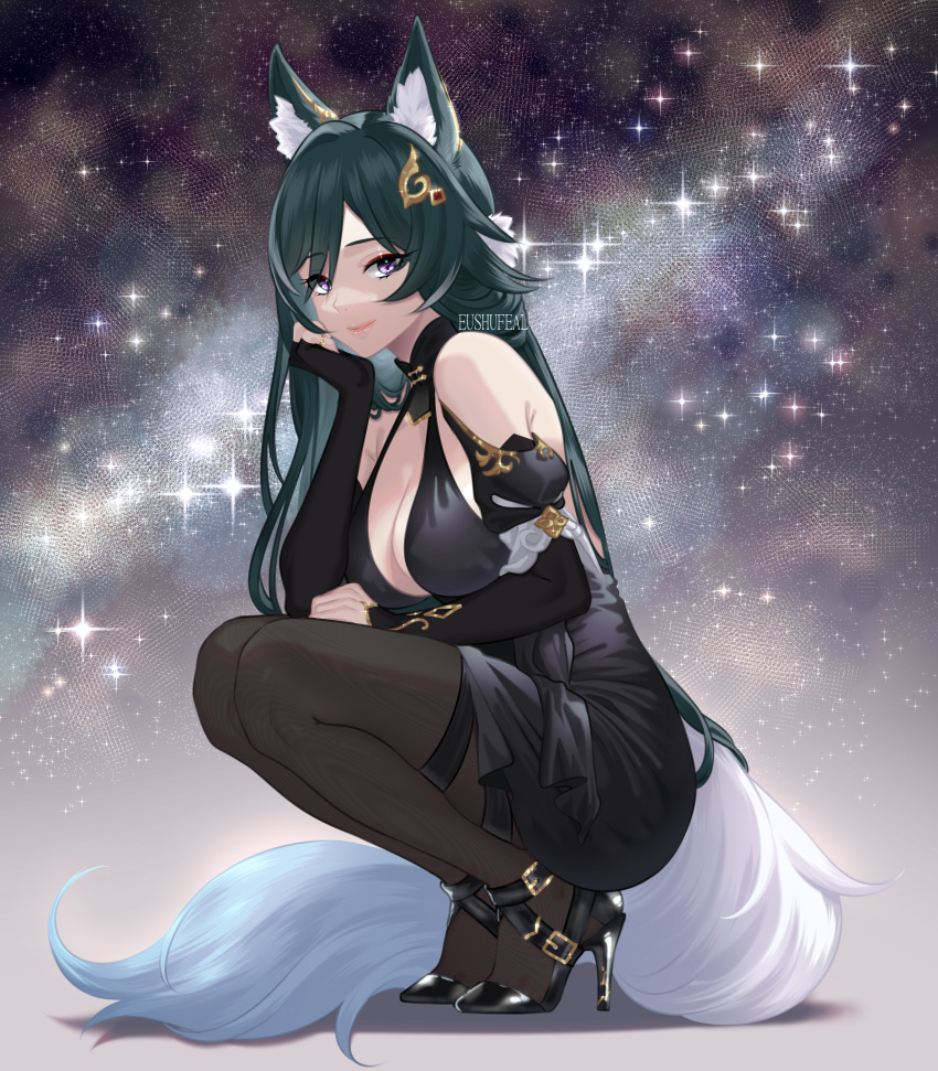 1girl, absurdres, black_dress, blak, breasts, dress, eushufeal, gold, high_heels, highres, honkai:_star_rail, honkai_(series), jewelry, kitsune, non-web_source, pantyhose, shine, yukong_(honkai:_star_rail)