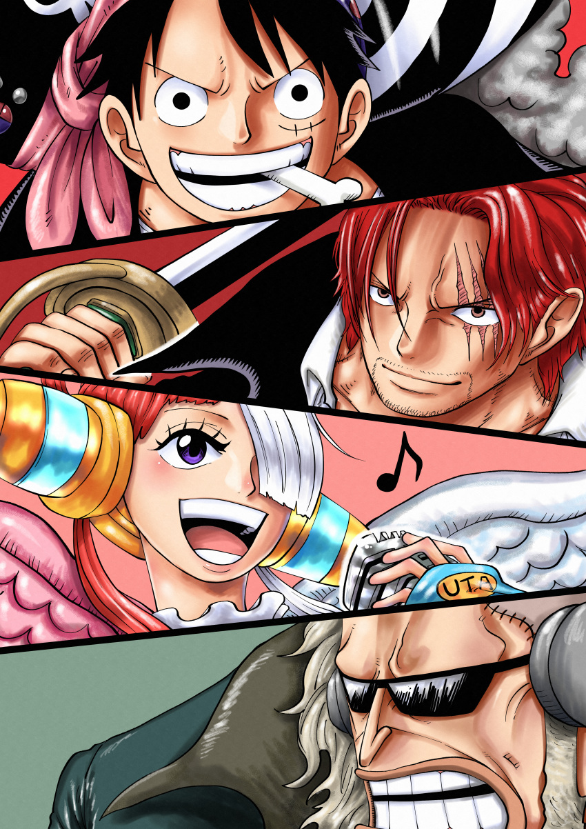 1girl, 3boys, absurdres, black_cape, black_hair, cape, closed_mouth, facial_hair, father_and_daughter, gordon_(one_piece), grey_hair, hair_over_one_eye, hat, headphones, highres, holding, holding_sword, holding_weapon, long_hair, monkey_d._luffy, multicolored_hair, multiple_boys, musical_note, one_eye_covered, one_piece, one_piece_film:_red, pirate_hat, redhead, riku_(rikuw223xx), scar, scar_across_eye, scar_on_cheek, scar_on_face, shanks_(one_piece), short_hair, smile, sunglasses, sword, teeth, twintails, two-tone_hair, uta_(one_piece), violet_eyes, weapon