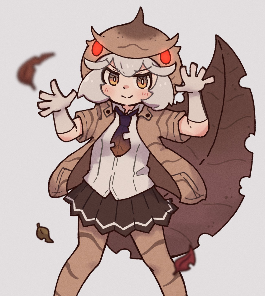 1girl, baweng_satanic_leaf_gecko_(kemono_friends), black_skirt, blush, brown_jacket, brown_necktie, brown_thighhighs, cowboy_shot