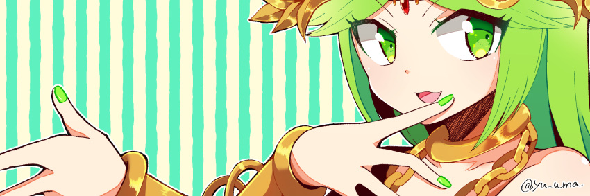 1girl, armlet, forehead_jewel, green_eyes, green_hair, highres, jewelry, kid_icarus