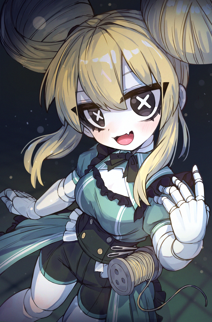 1girl, black_ribbon, black_shorts, blonde_hair, blush, breasts, buttons, cleavage_cutout
