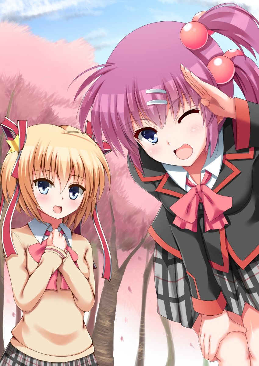 2girls, :d, absurdres, aqua_eyes, black_jacket, blonde_hair, blue_eyes, blush