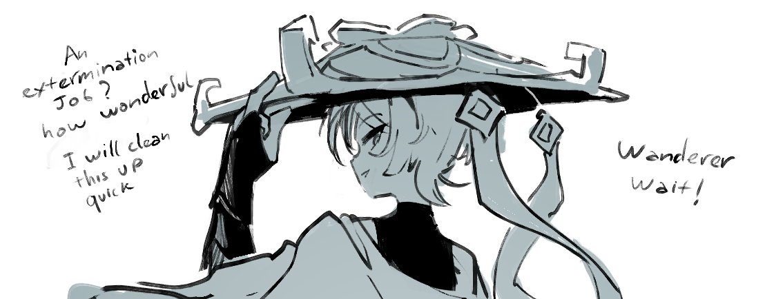 1boy, english_commentary, english_text, genshin_impact, greyscale, hand_on_headwear, hat, japanese_clothes, jingasa, kenoru, looking_back, male_focus, monochrome, scaramouche_(genshin_impact), short_hair, simple_background, smile, solo, wanderer_(genshin_impact), wide_shot