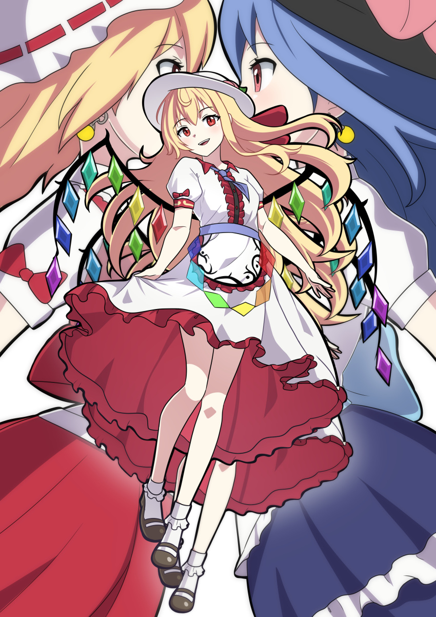 3girls, absurdres, blonde_hair, blue_hair, commission, crystal, dress, earrings