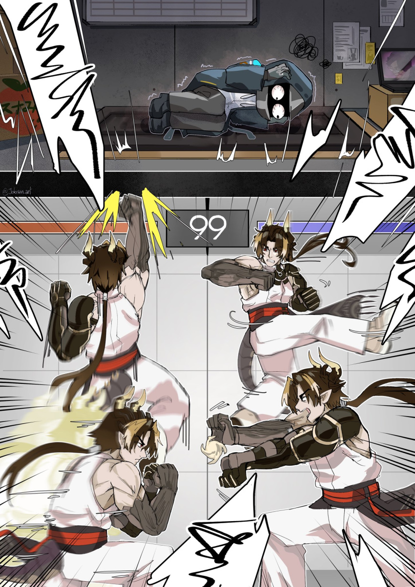 1boy, 1other, arknights, brown_hair, bulging_eyes, chong_yue_(arknights), clenched_hands, covering_own_ears