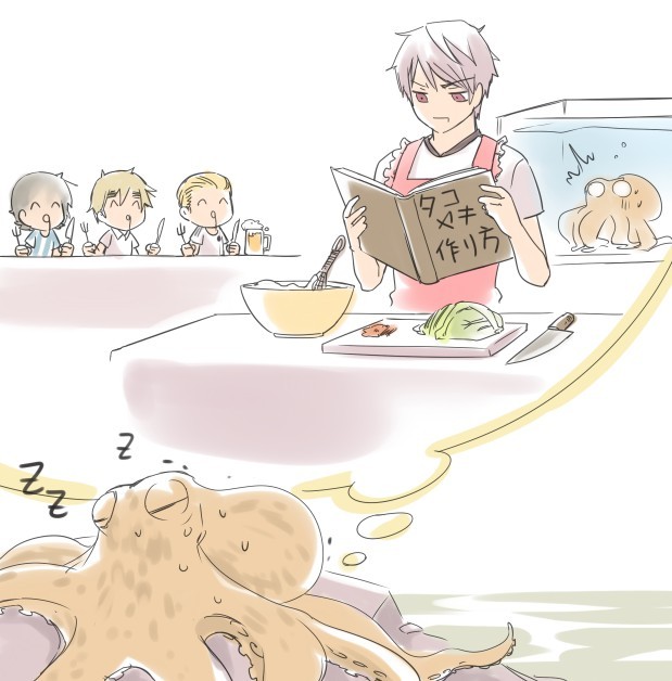 2010_fifa_world_cup, ^_^, apron, aquarium, argentina_(hetalia), axis_powers_hetalia, beer, bowl, cabbage, closed_eyes, cooking, dreaming, fish_tank, food, germany_(hetalia), knife, natsuyon, octopus, paul_the_octopus, prussia_(hetalia), reading, sleeping, surprised, sweat, table, tank_(container), translated, united_kingdom_(hetalia), whisk, world_cup, z