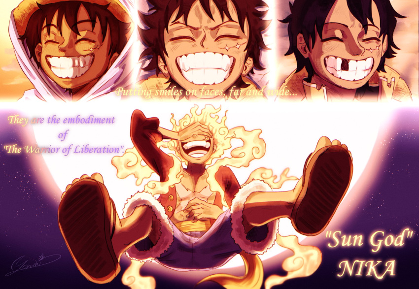 1boy, alternate_form, black_hair, closed_eyes, covering_own_eyes, english_text, fiery_hair, full_body